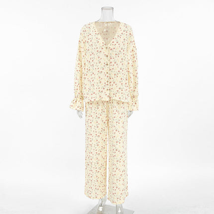 Loose Comfortable Homewear Spring Pure Cotton Printed Long Sleeved Trousers Comfortable Pajamas Women