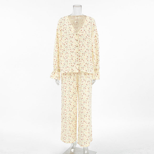 Loose Comfortable Homewear Spring Pure Cotton Printed Long Sleeved Trousers Comfortable Pajamas Women