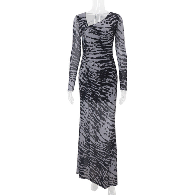 Women Clothing Autumn Retro Sexy off Shoulder Zebra Stripe Slim Fit Long Sleeve Dress Women