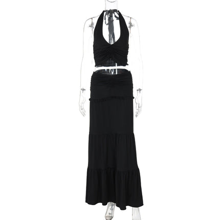 Women Clothing Summer Lace Halterneck Vest Pleated Skirt Two Piece Set for Women