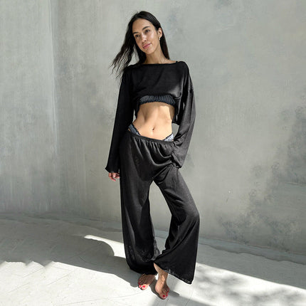 Autumn White Knitted Fabric round Neck Long Sleeved Trousers Pajamas Two Piece Loose Comfortable Ladies Homewear