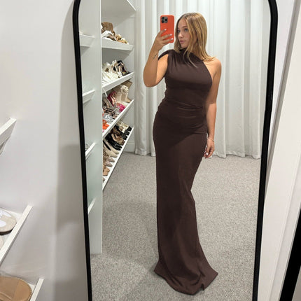 Women Clothing Summer Sexy Slant Shoulder High Waist Slim Fit Slimming Solid Color Sheath Dress