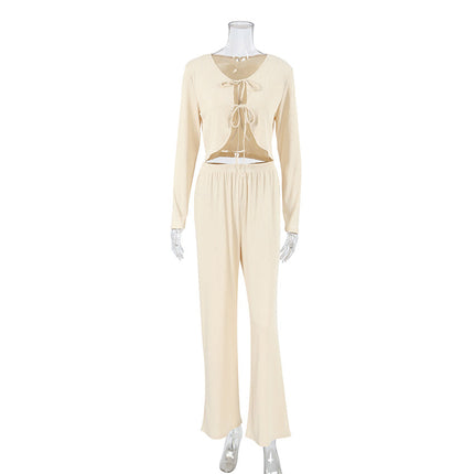 Autumn Winter Long Sleeve Lace up Trousers Two Piece Pajamas Knitted Sunken Stripe Ladies Homewear