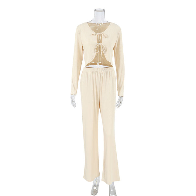 Autumn Winter Long Sleeve Lace up Trousers Two Piece Pajamas Knitted Sunken Stripe Ladies Homewear
