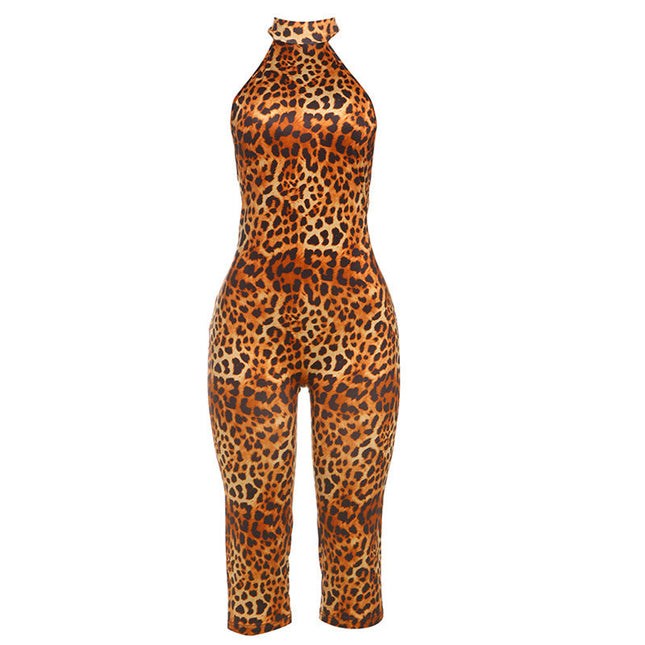 Summer Sexy Backless Halter Lace up Leopard Print Hip Raise Skinny Jumpsuit for Women