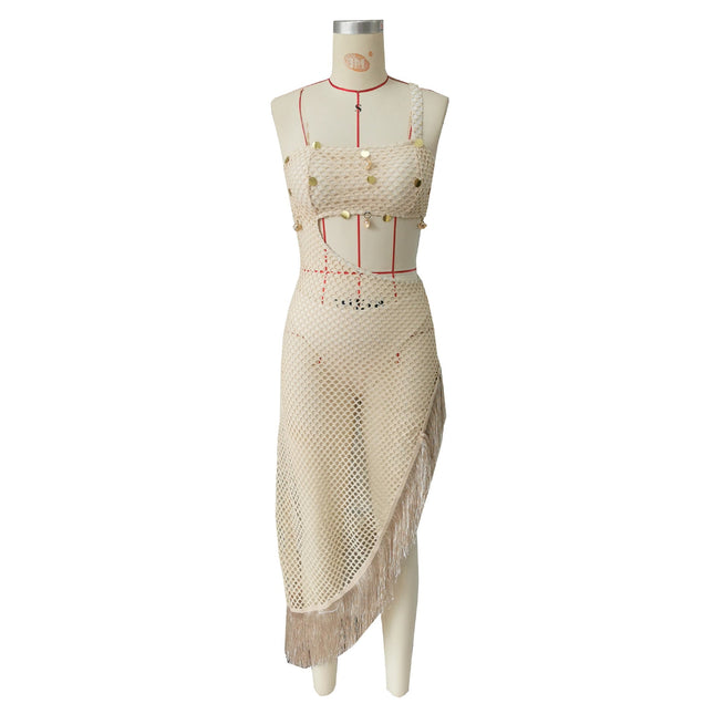 Sexy Hollow Out Cutout Beach Seaside Vacation Dress Solid Color Tassel