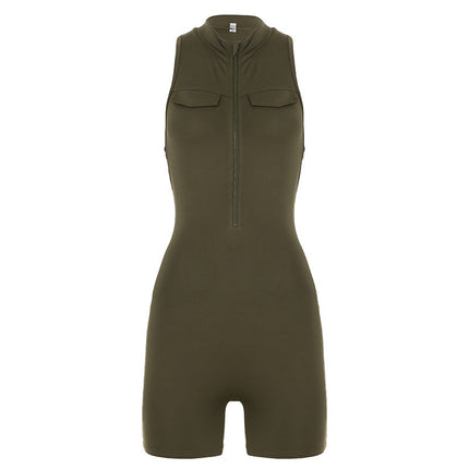 Street Sports Jumpsuit Shorts Stand Collar Zipper Tooling Peach Hip Yoga Fitness One Piece Women