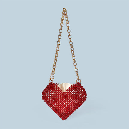 Red Love Heart Beaded Bag Hand Woven Bag Red Beads Bag Crossbody Shoulder Bag Finished Bag