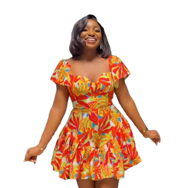 Elegant Printed Waist Controlled Pleated Flounced Sleeve Jumpsuit