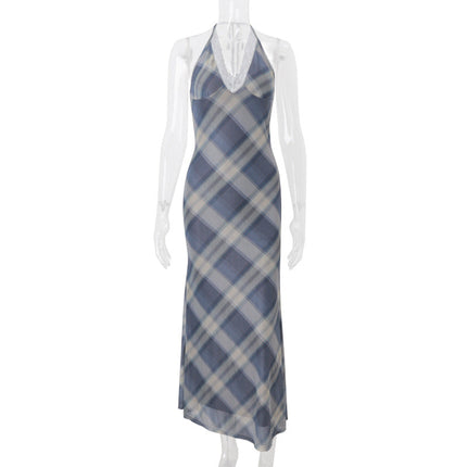 Women Clothing Summer Sexy V neck Lace Plaid Sweet Retro Slim Fit Dress Women