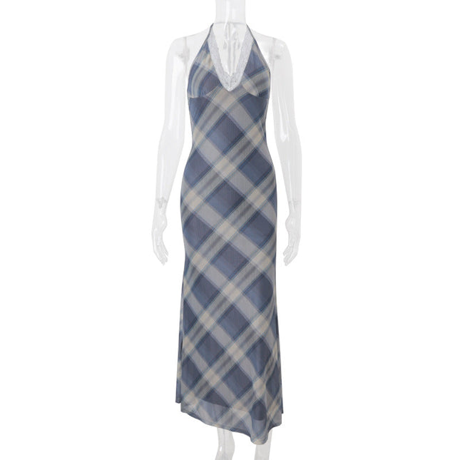 Women Clothing Summer Sexy V neck Lace Plaid Sweet Retro Slim Fit Dress Women