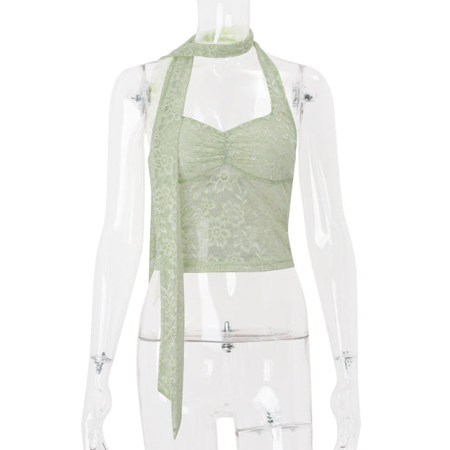 Women Clothing Summer Sexy Lace See through Decorative Ribbon Short Halterneck Vest Top