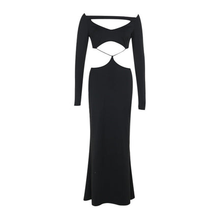 Fall Type Hip Elegant Slim Fit Hollow Out Cutout Sexy Long Sleeve Dress Women