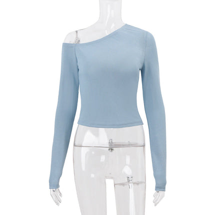 Women Clothing Autumn Sexy Solid Color Diagonal Collar Cropped Knitted Long Sleeved T shirt Top
