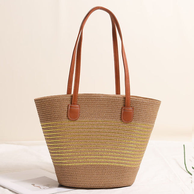 Gold Silver Thread Striped Straw Bag One Shoulder Woven Bag Vacation Beach Bag Women Bag