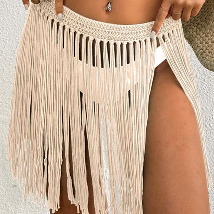 Women Lace up Skirt Women Clothing Beach Beach Cover Up Pure Hand Crocheting Tassel Skirt Overskirt