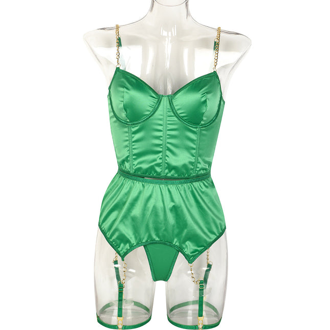 Green Satin High End Sexy Lingerie Three Piece Set Women Chain Back Sexy Cutout