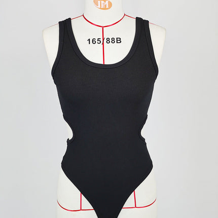 Autumn Winter Women Sexy Slim Fit U Collar Waist Hollow Out Cutout-out Rayon Rib Jumpsuit Women