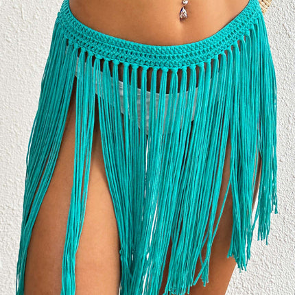 Women Lace up Skirt Women Clothing Beach Beach Cover Up Pure Hand Crocheting Tassel Skirt Overskirt