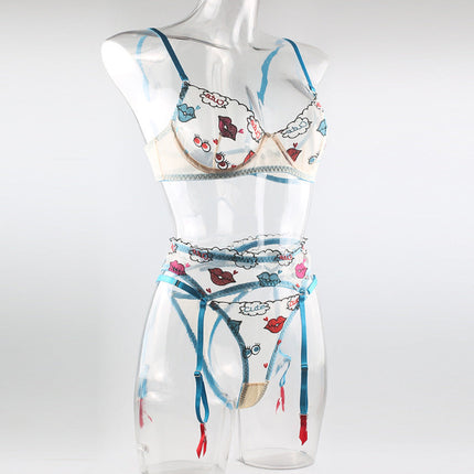 Sexy Cartoon Mesh Lip Enhancement Printed Garter Three Pieces Sexy Suit