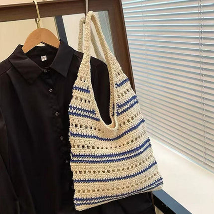 Striped Single Shoulder Cotton Thread Woven Bag Large Capacity Hollow Out Cutout Straw Bag Seaside Vacation Beach Bag