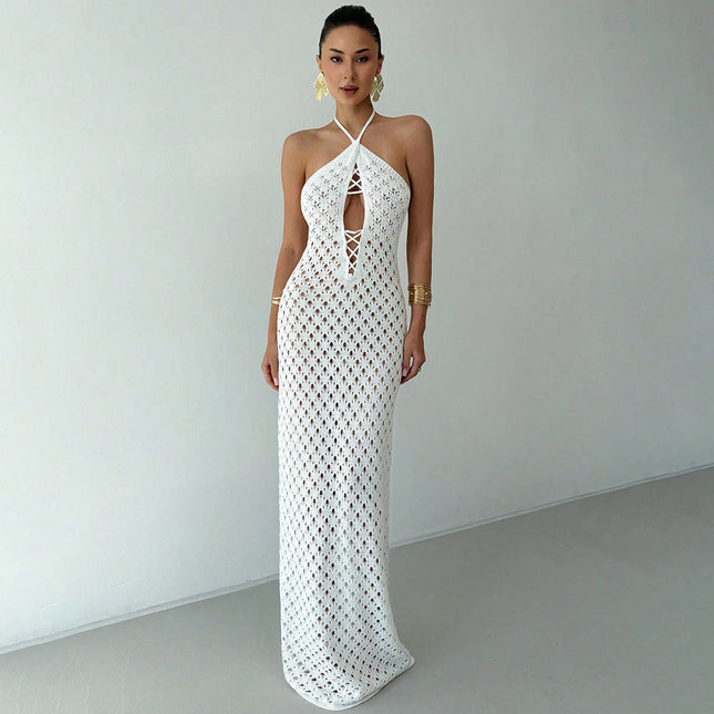 Summer Sexy Cutout Knitted Beach Skirt Bikini Swimsuit Solid Color Dress Women