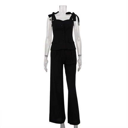 Spring Summer Black Bandeau Sling Top High Waist Wide Leg Pants Two Piece Set