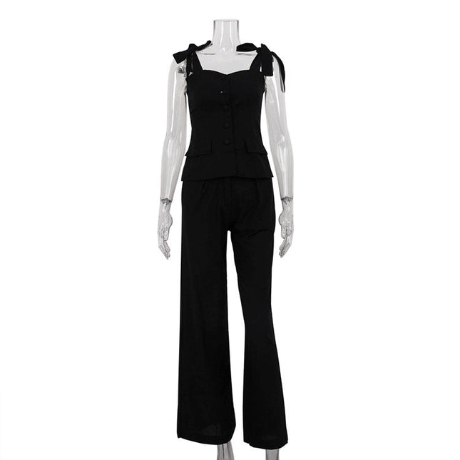 Spring Summer Black Bandeau Sling Top High Waist Wide Leg Pants Two Piece Set