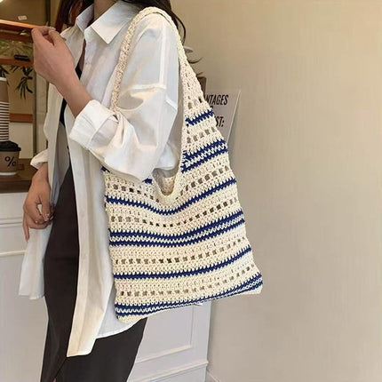 Striped Single Shoulder Cotton Thread Woven Bag Large Capacity Hollow Out Cutout Straw Bag Seaside Vacation Beach Bag