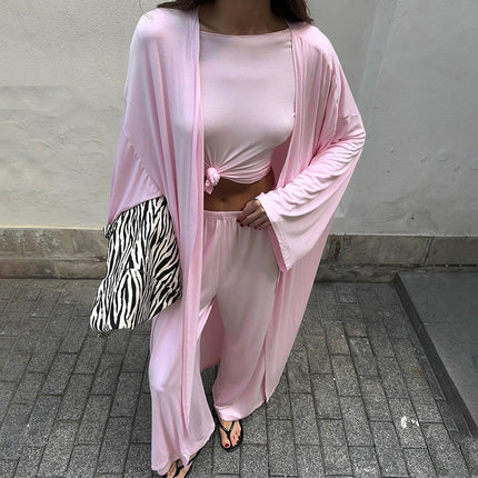 Summer Pajamas Three Piece Knitted Solid Color Top Trousers Loose Comfortable Home Wear