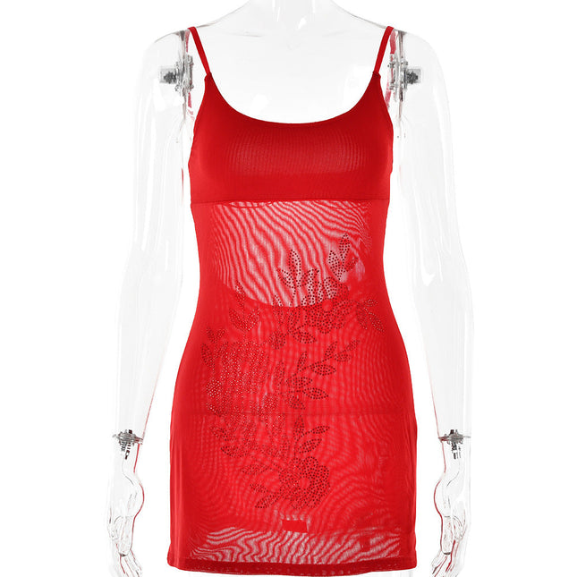 Rhinestone Sexy Suspenders Dress Backless Sleeveless Slim Fit Sexy Hip