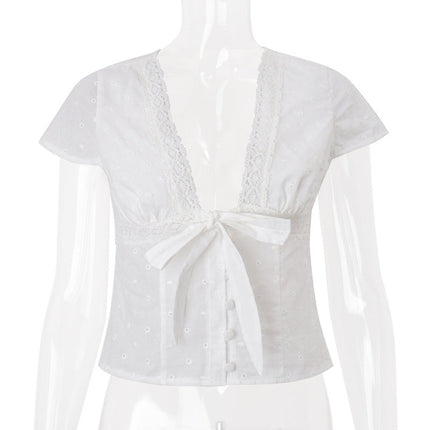 Women Clothing Summer Sexy V neck Bow Bandage Sexy Short Sleeve T shirt Top