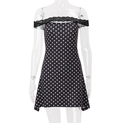 Women Clothing Summer Sexy off Neck Lace Polka Dot Print Slim Fit Sheath Dress