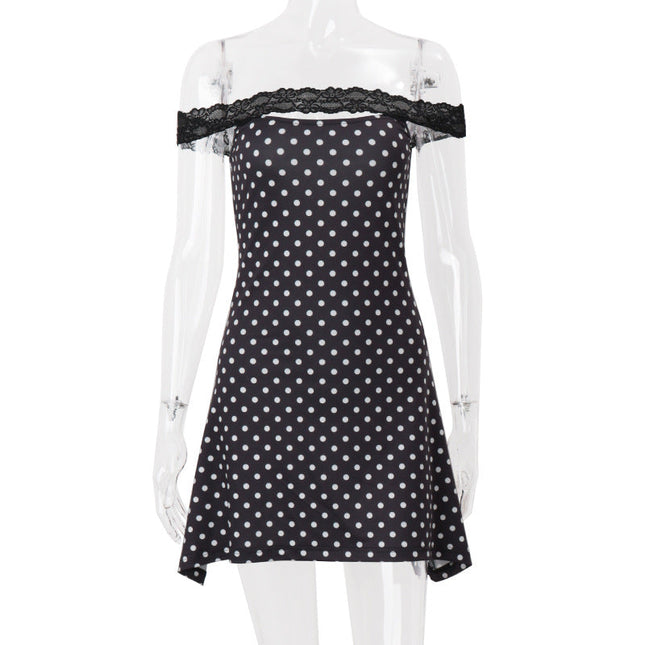 Women Clothing Summer Sexy off Neck Lace Polka Dot Print Slim Fit Sheath Dress