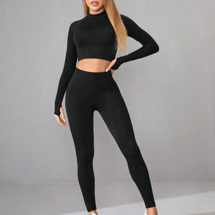 Seamless Yoga Clothes Women Long Sleeved Sports Top High Waist Hip Lift Sports Tights Trousers Set