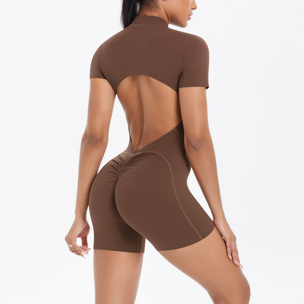 Hollow Out Cutout Beauty Back Short Sleeve Zipper Jumpsuit Peach Hip Sports Fitness Bare Back Jumpsuit Yoga Clothes for Women