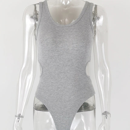 Autumn Winter Women Sexy Slim Fit U Collar Waist Hollow Out Cutout-out Rayon Rib Jumpsuit Women