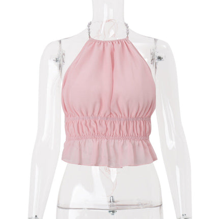 Women Clothing Summer Street Sexy Sexy Cutout Pleated Solid Color Halter Vest Top