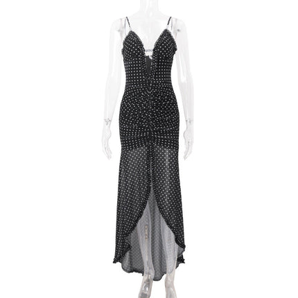 Women Clothing Summer Sexy Vacation Polka Dot Floral Print Slit Slim Strap Dress