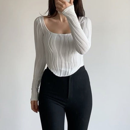 Summer French Design Pleated U Collar Simple Solid Color Slim Fit Long Sleeves Top Women