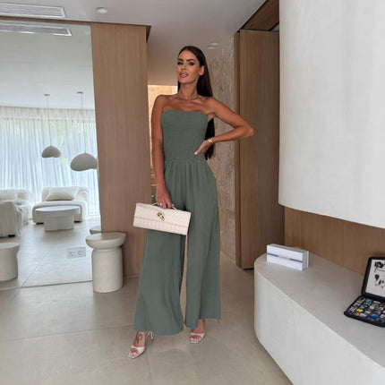 Summer Women Clothing Solid Color Waist Tight Chest Pocket Jumpsuit