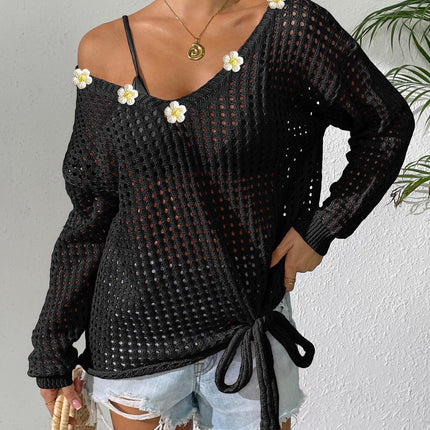Women V neck Pullover Top Cutout Blouse Lace up Bow Outerwear Shirt Crochet Stitching Loose Sweater Women