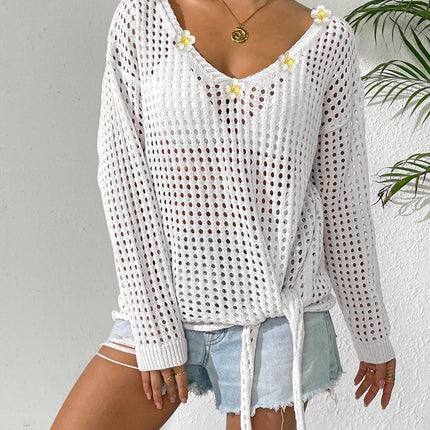 Women V neck Pullover Top Cutout Blouse Lace up Bow Outerwear Shirt Crochet Stitching Loose Sweater Women
