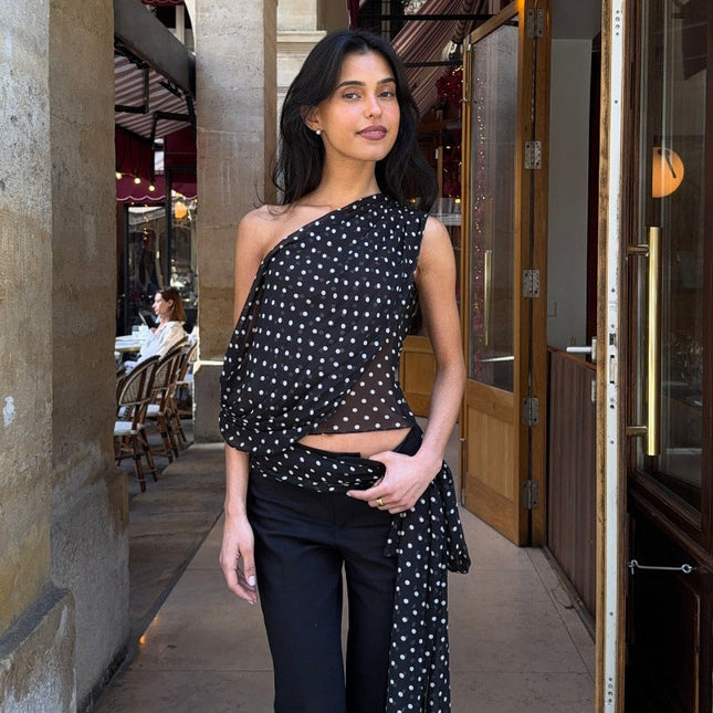 Women Clothing Summer Sexy Diagonal Collar Polka Dot Chiffon See through Irregular Asymmetric Top Women