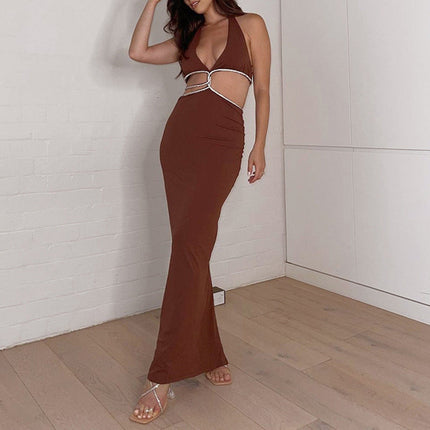 Sexy Cropped Outfit Halter Diamond Rope Maxi Dress Women