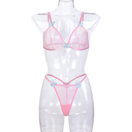 Underwear Pink Two Piece Butterfly Three Dimensional Embroidery Sexy Lingerie