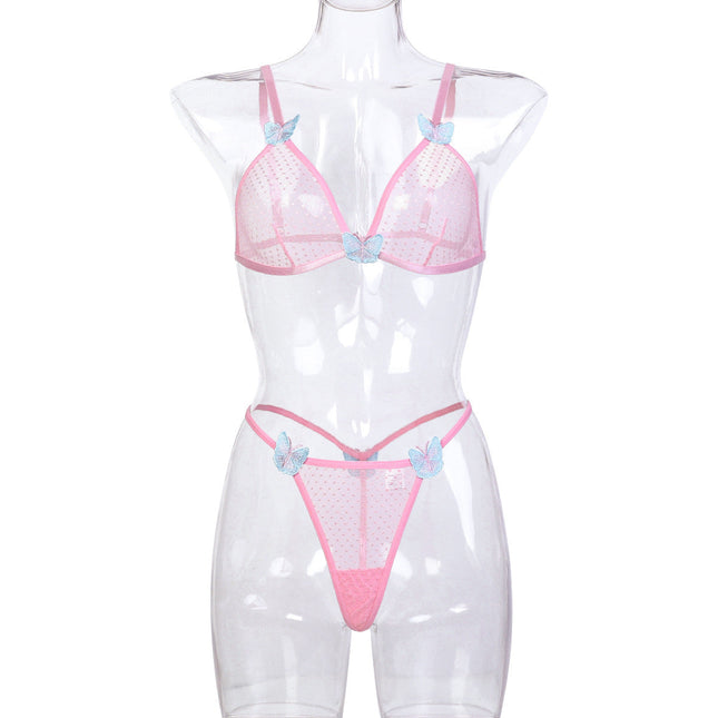 Underwear Pink Two Piece Butterfly Three Dimensional Embroidery Sexy Lingerie