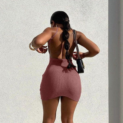 Women Clothing Solid Color Waist Tight Slimming Knitted Sleeveless Sheath Dress