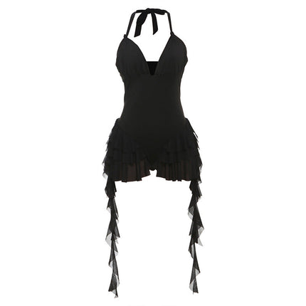 Summer Sexy Sexy Deep V Plunge neck Halter Backless Wooden Ear Solid Color Jumpsuit