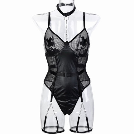 Motorcycle Faux Leather Paint Leather Stitching Mesh Hollow Out Cutout Perspective Cross Stickers Heavy Metal Chain Sexy Jumpsuit